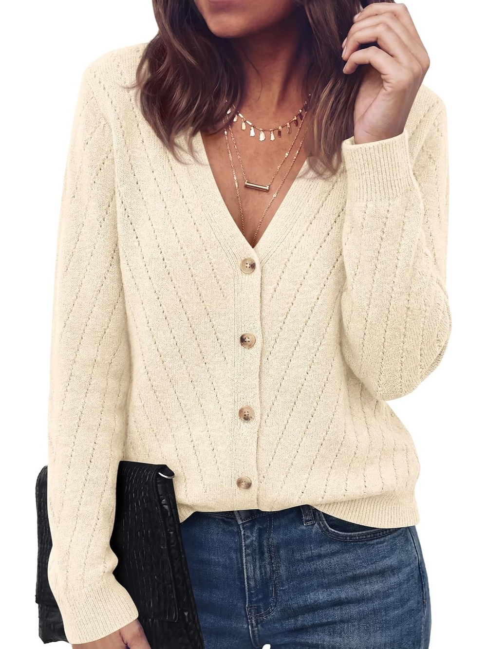 🆕 Women's Apricot V Neck Long Sleeve Button Front Cozy Knit Cardigan Sweater